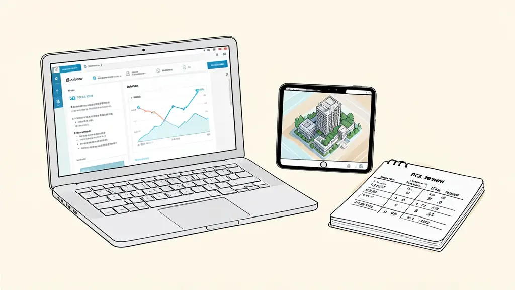 A professional workspace with a laptop displaying a blockchain security audit report, a tablet showing a 3D virtual real estate model, and a notebook with risk-reward calculations.