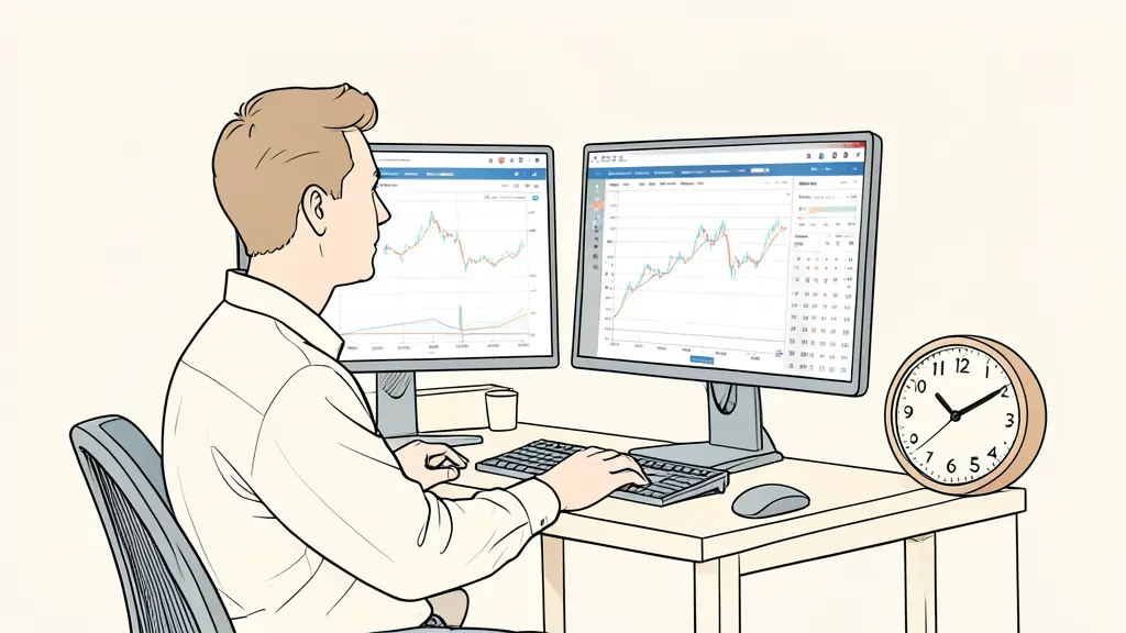 Part-time futures trader at a dual-monitor desk, TradingView chart visible without branding, economic calendar and evening clock nearby