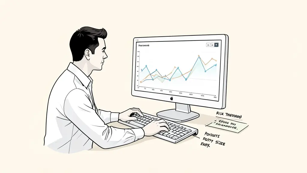 Futures trader reviewing an equity curve, risk threshold marked on a monitor, position-size notes beside the keyboard