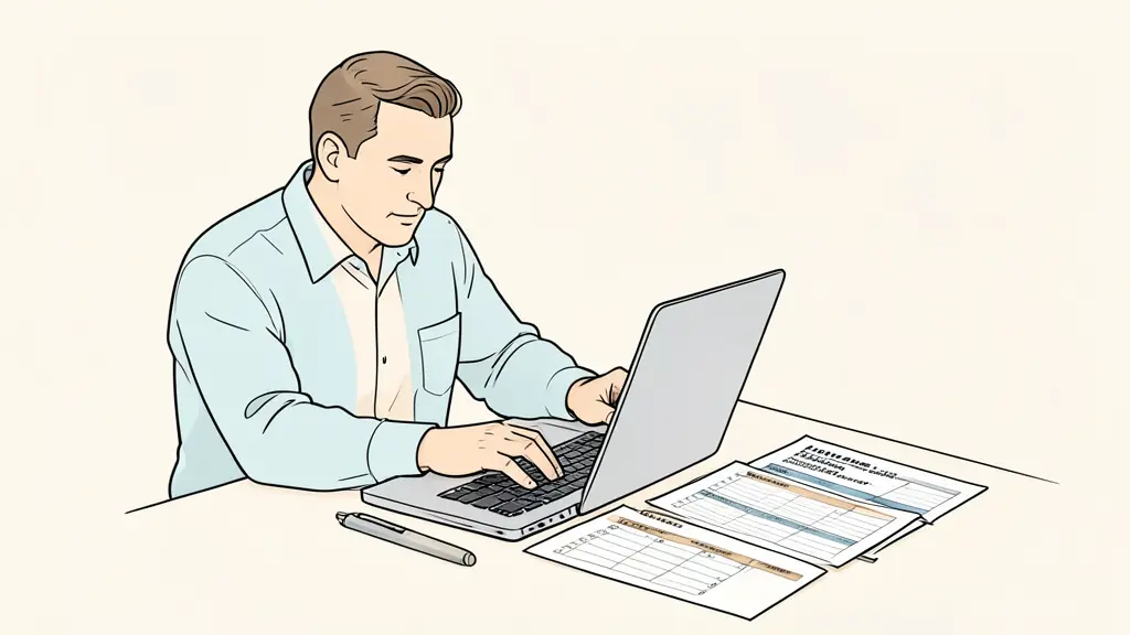 Trader comparing seven futures evaluation programs on a laptop, fee spreadsheet and rule documents visible on the desk