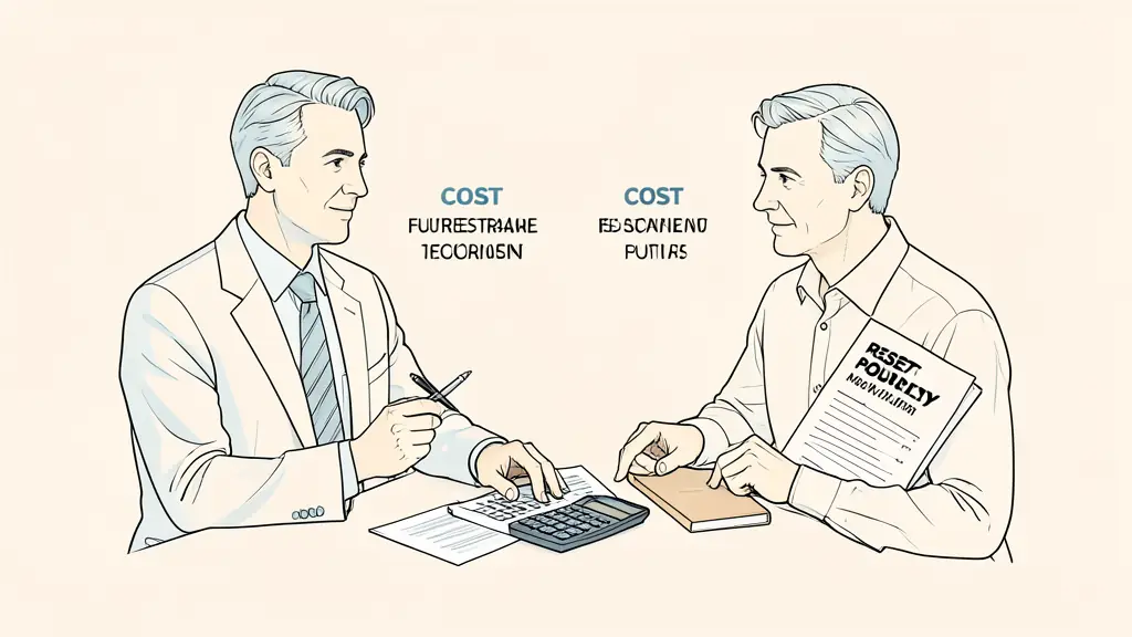 Futures trader reviewing three cost scenarios, calculator beside monthly invoices and a reset-policy document