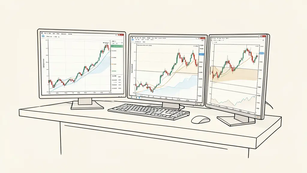 A professional trading desk with multiple monitors showing candlestick charts, focused on a 15-minute timeframe with a highlighted imbalance zone and a clear market structure trend.