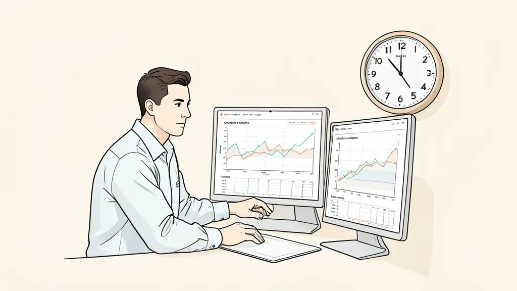 Trader monitoring an equity curve and an open losing index position on two screens, with a wall clock showing the daily reset approaching