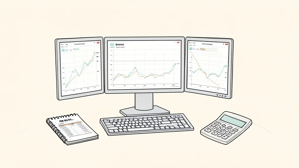 A professional trading workstation with three monitors showing technical charts, a notebook with risk calculations, and a calculator on a clean desk