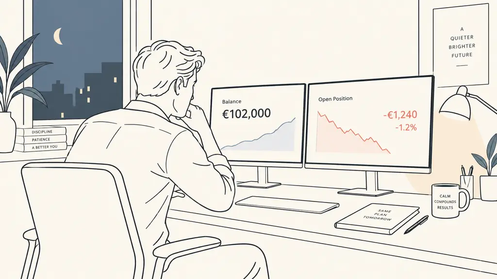 trader viewing a 102,000 euro account balance and a losing open position on dual monitors, evening home office
