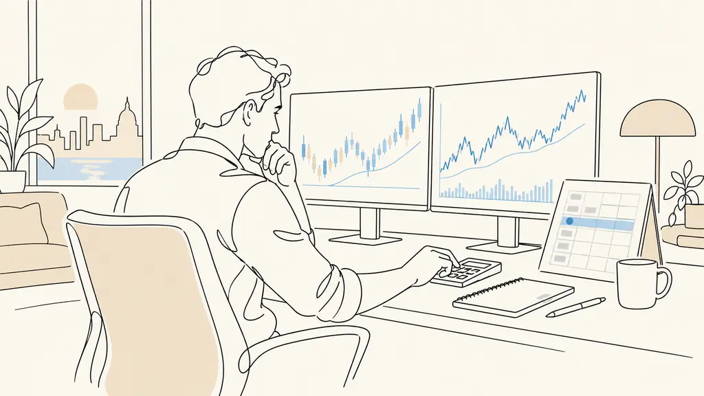 day trader checking an economic calendar beside two charting terminals while reviewing position size before a market announcement, evening home office, no text or logo