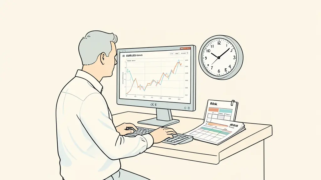 Editorial photograph of a forex trader reviewing a EUR/USD chart, a session clock beside the monitor, and a color-coded risk checklist on the desk, without visible text or logos