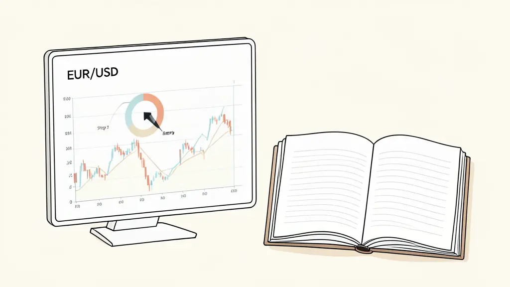 Editorial photograph of a trader monitoring a EUR/USD chart with an entry marker, stop zone, and target zone, beside an open handwritten trade journal, without visible text or logos