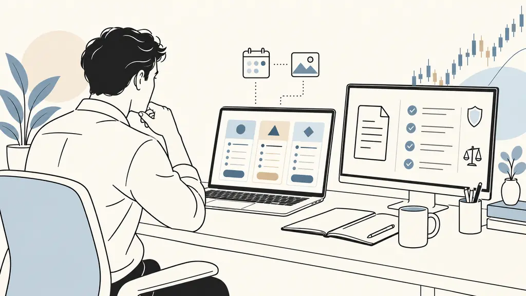 trader comparing three prop firm offer cards on a laptop while saving a dated screenshot and checking official rules on a second monitor, no visible text or logos