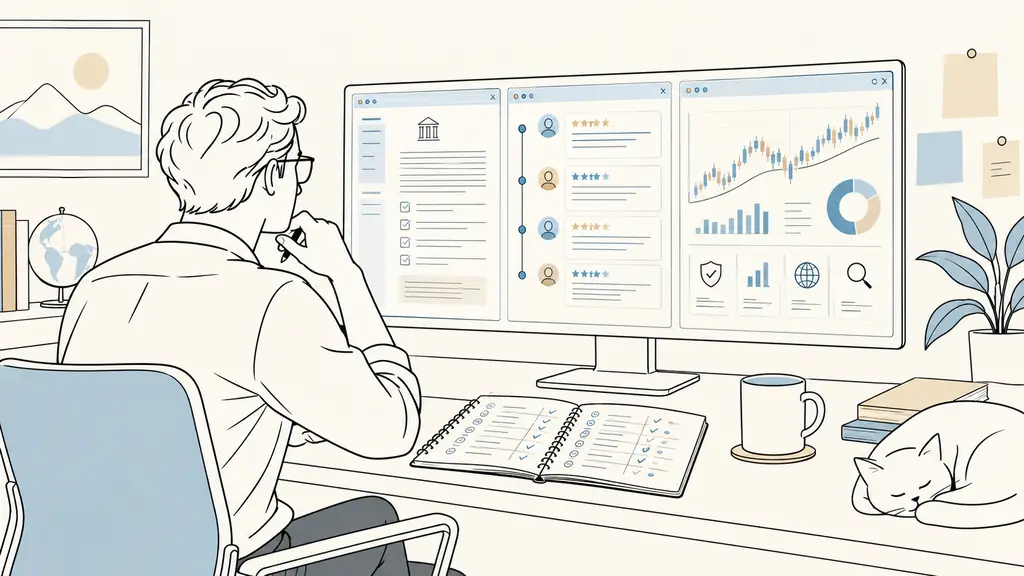 trader checking three browser windows beside a notebook containing dated verification entries, with official terms and a customer review timeline visible without readable text or logos