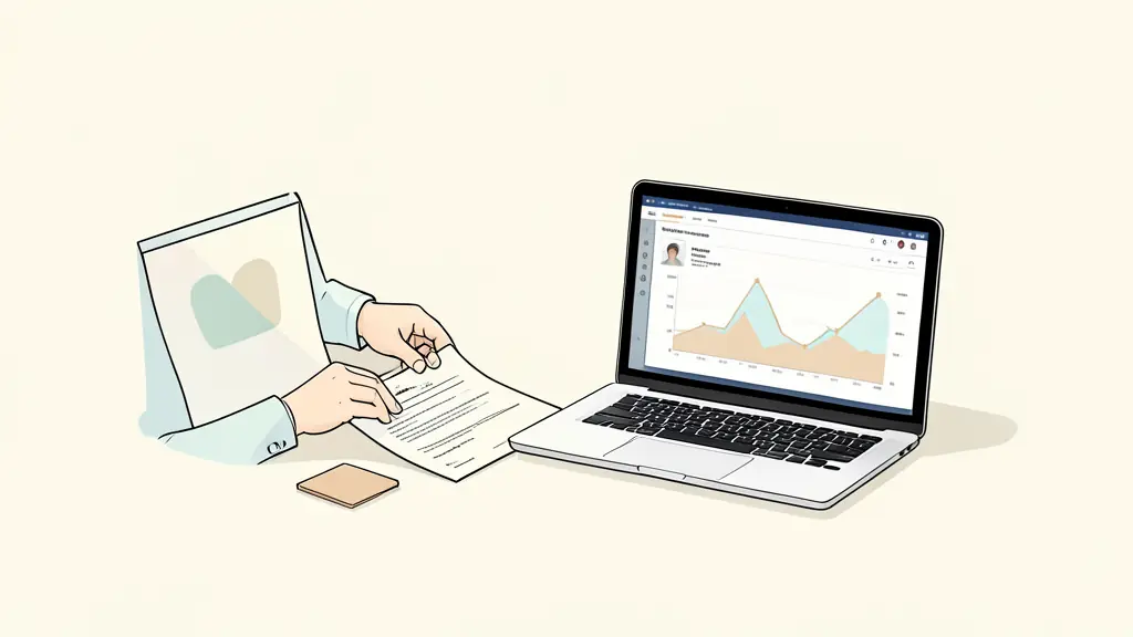 editorial photograph of a trader reviewing an account agreement beside an identity document and a laptop showing a trading dashboard, no text, no logo