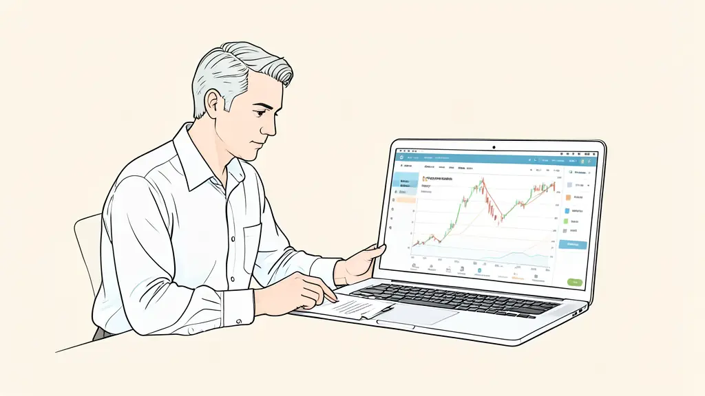 Trader reviewing an evaluation contract beside a laptop showing a simulated trading dashboard and risk limits