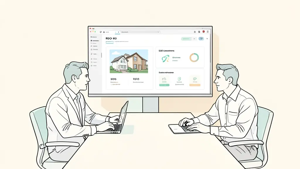 A professional boardroom meeting where a real estate developer and a software consultant are reviewing a digital dashboard showing property ROI and ESG compliance metrics on a large screen.