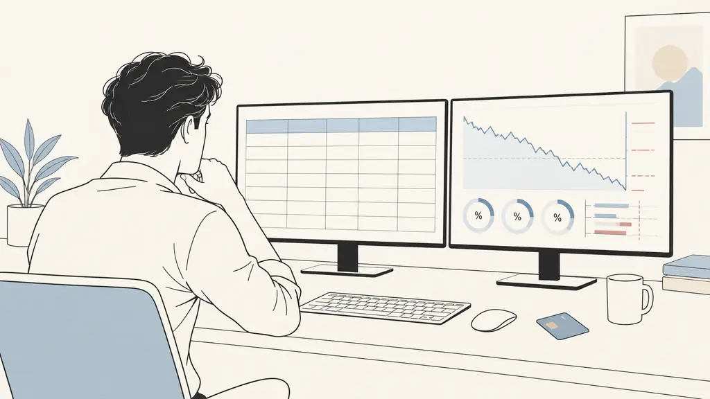 trader comparing an empty challenge pricing table and drawdown calculations on two computer screens, bank card resting beside the keyboard