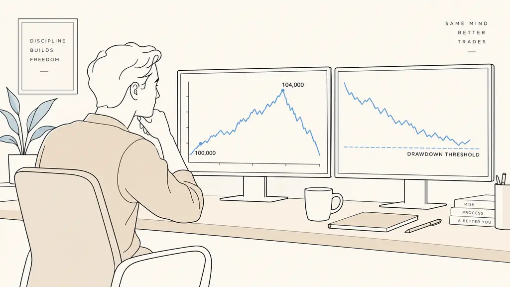 trader watching a 100000 account rise to 104000 then reverse on a chart, with a drawdown threshold marked on a second monitor